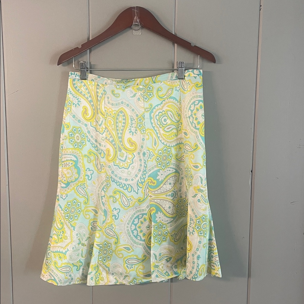Banana Republic Silk Skirt Paisley Green Yellow Floral Quiet Luxury Cottage Boho